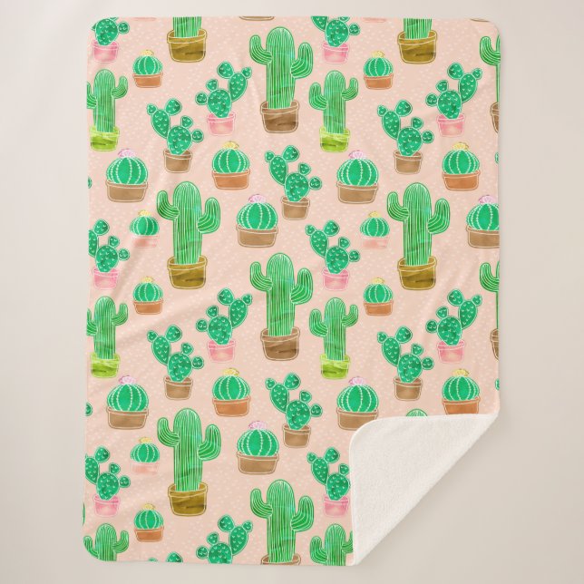 Hand Drawn Potted Cactus Pattern Sherpa Blanket (Front)
