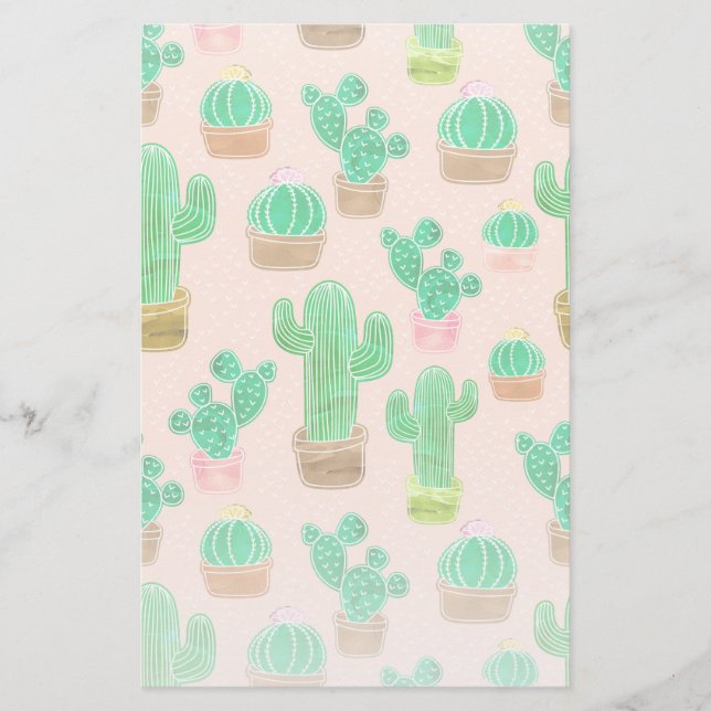 Hand Drawn Potted Cactus Pattern Stationery (Front)