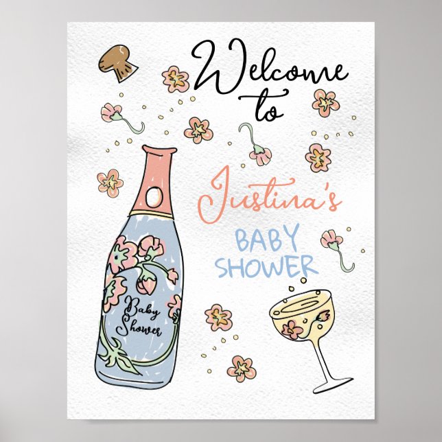 Hand Drawn Presecco and Petals Baby Shower Welcome Poster (Front)