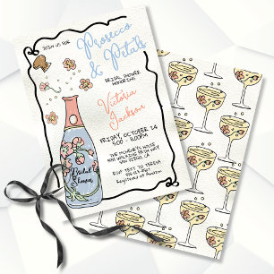 Hand Drawn Presecco and Petals Bridal Shower burst Invitation
