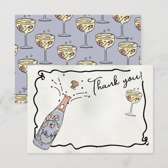 Hand Drawn Presecco and Petals Thank You Card (Front/Back)