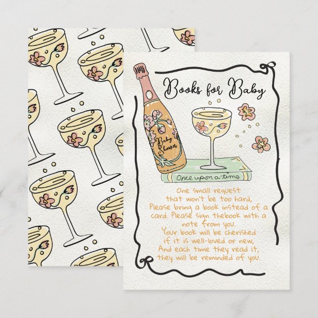 Hand Drawn Presecco & Petals Books for Baby Shower Invitation (Front/Back)
