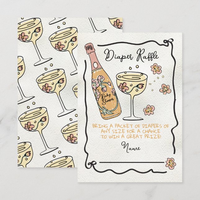 Hand Drawn Presecco & Petals diaper Raffle Shower Invitation (Front/Back)