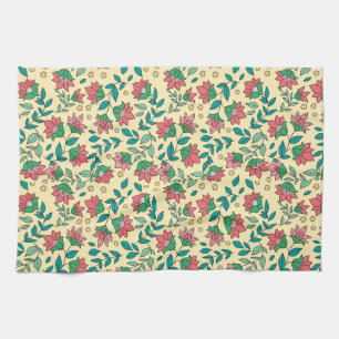 Hand Drawn Pressed Flowers Leaves Pattern Tea Towel