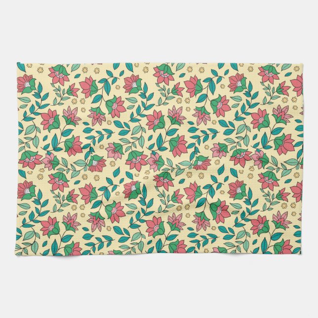 Hand Drawn Pressed Flowers Leaves Pattern  Tea Towel (Horizontal)