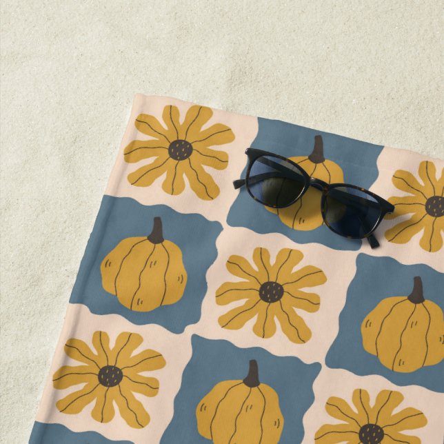Hand Drawn Pumpkin Check Print Bath Towel (In Situ)