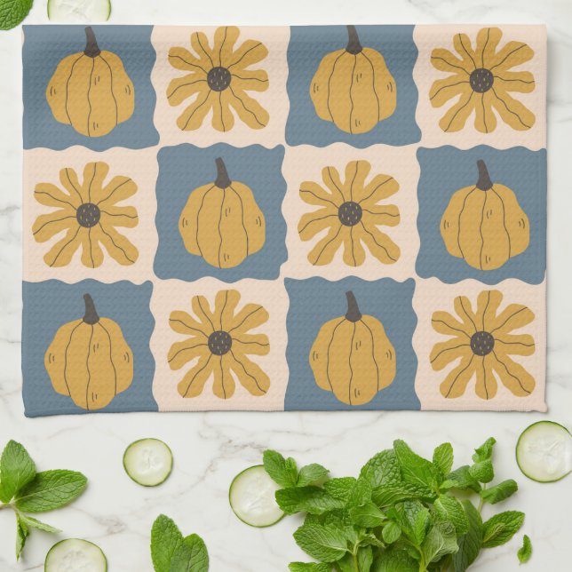 Hand Drawn Pumpkin Check Print Kitchen Towel (Folded)