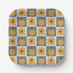 Hand Drawn Pumpkin Check Print Paper Plates
