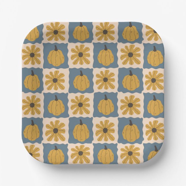 Hand Drawn Pumpkin Check Print Paper Plates (Front)