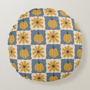 Hand Drawn Pumpkin Check Print Round Pillow