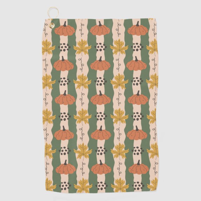 Hand Drawn Pumpkin & Leaf Pattern Golf Towel (Front)