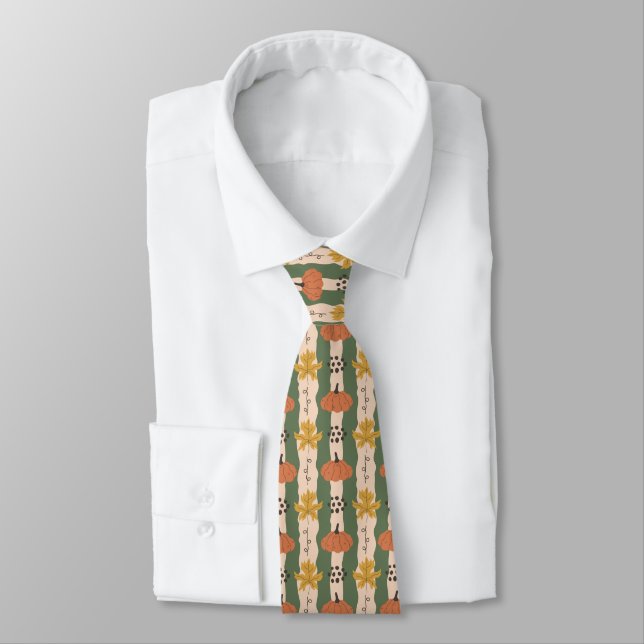 Hand Drawn Pumpkin & Leaf Pattern Neck Tie (Tied)
