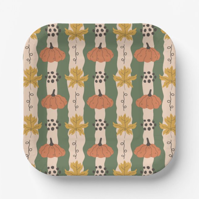 Hand Drawn Pumpkin & Leaf Pattern Paper Plates (Front)