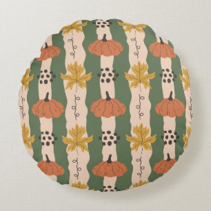 Hand Drawn Pumpkin & Leaf Pattern Round Pillow