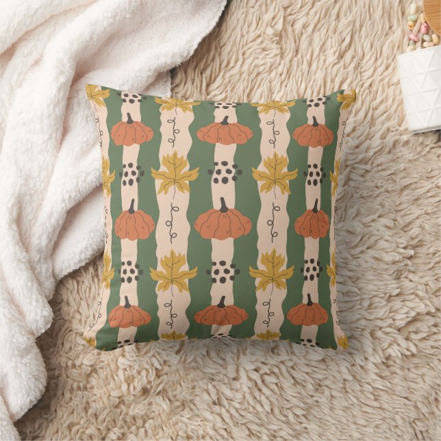 Hand Drawn Pumpkin & Leaf Pattern Throw Pillow (Blanket)