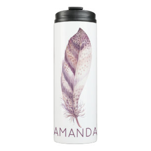 Hand drawn purple and pink watercolor feather thermal tumbler