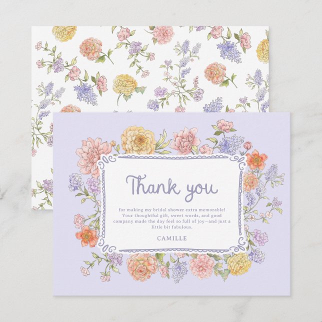 Hand Drawn Purple Floral Bridal Shower  Thank You Card (Front/Back)