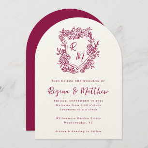 Hand Drawn Purple Floral Crest Monogram Wedding Invitation