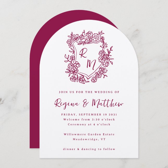 Hand Drawn Purple Floral Crest Monogram Wedding Invitation (Front/Back)