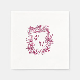 Hand Drawn Purple Floral Crest Monogram Wedding Napkin