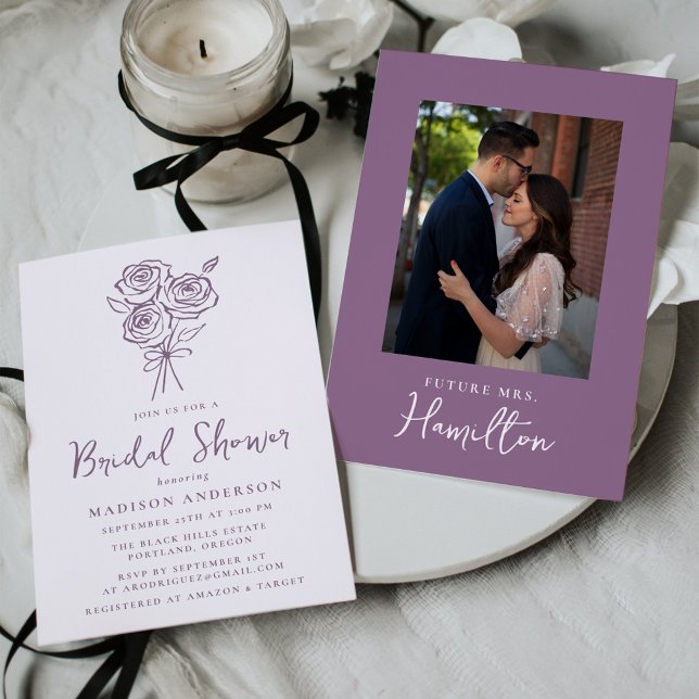 Hand-Drawn Purple Rose Bouquet Photo Bridal Shower Invitation (Creator Uploaded)