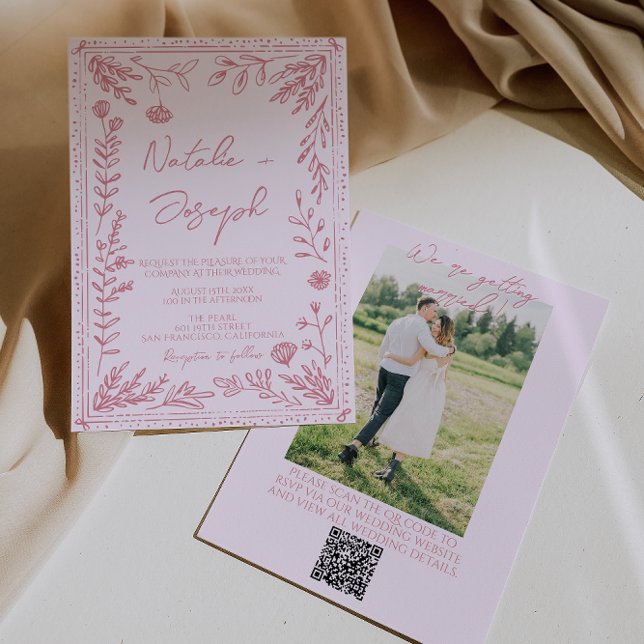 Hand Drawn QR Code Floral Garden Photo Wedding Invitation (Creator Uploaded)