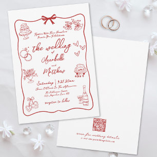 Hand Drawn QR Code Red Whimsical Wedding Invitation