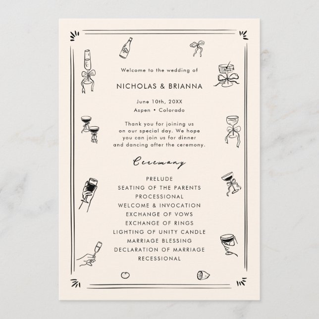 Hand Drawn Quirky Black & White Old Money Wedding Programme (Front)