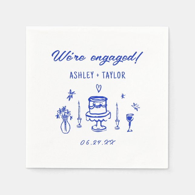 Hand Drawn Quirky Blue Engagement Party Napkin (Front)