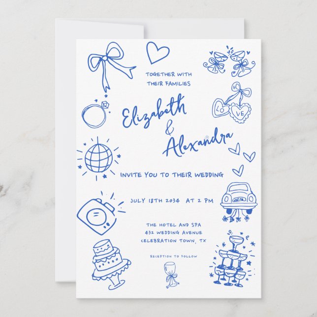 Hand Drawn Quirky French Blue Wedding Invitation (Front)