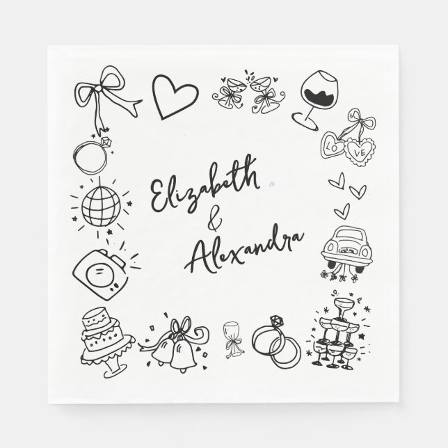 Hand Drawn Quirky French Wedding Napkin (Front)