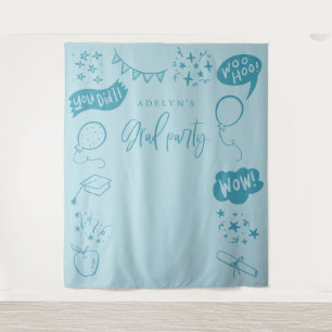Hand Drawn Quirky Grad Icons Blue Backdrops Tapestry