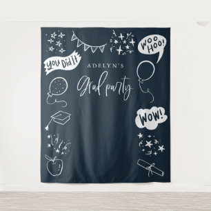 Hand Drawn Quirky Grad Icons Navy Blue Backdrops Tapestry