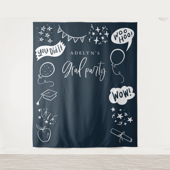 Hand Drawn Quirky Grad Icons Navy Blue Backdrops Tapestry (Front)