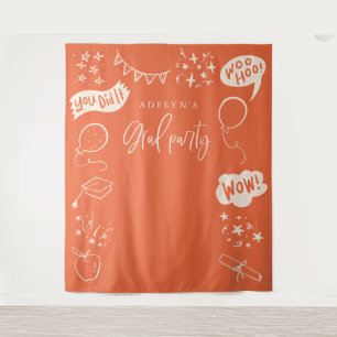 Hand Drawn Quirky Grad Icons Orange Backdrops Tapestry