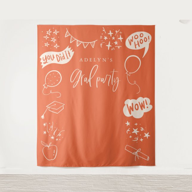 Hand Drawn Quirky Grad Icons Orange Backdrops Tapestry (Front)