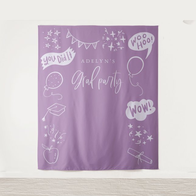 Hand Drawn Quirky Grad Icons Purple Backdrops Tapestry (Front)