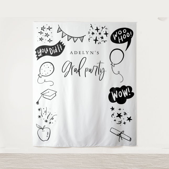 Hand Drawn Quirky Grad Icons White Backdrops Tapestry (Front)