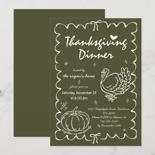 Hand Drawn Quirky Pumpkin Turkey Thanksgiving Invitation (Front/Back)