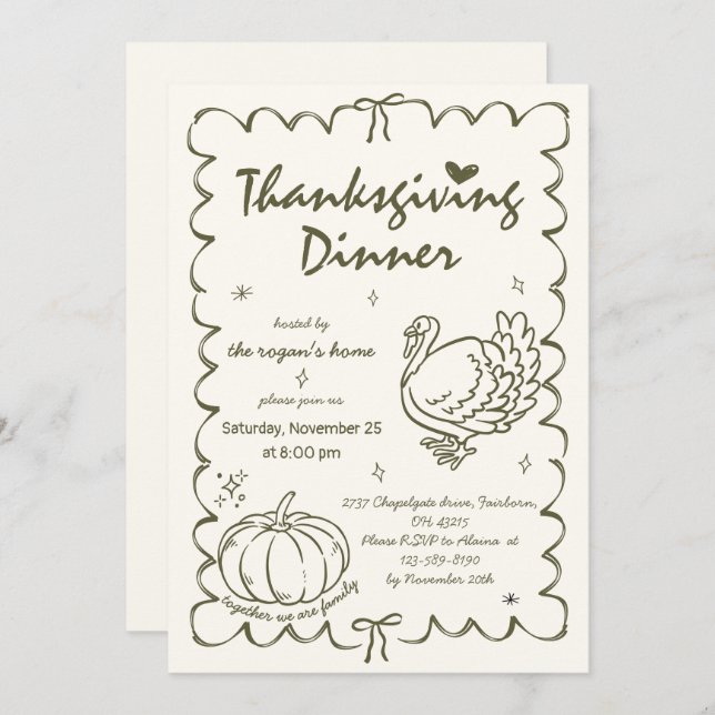 Hand Drawn Quirky Pumpkin Turkey Thanksgiving Invitation (Front/Back)