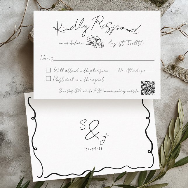 Hand Drawn Quirky Scribble Black & White Wedding RSVP Card (Modern trendy black & white minimalist hand drawn handwritten monogram QR code wedding RSVP card)