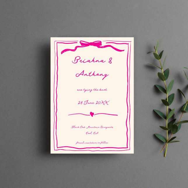 Hand drawn quirky scribble pink ribbon save the date (Hand drawn quirky scribble retro pink ribbon save the date template invitation digital download)