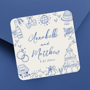 Hand Drawn Quirky Vintage Blue Wedding Square Sticker