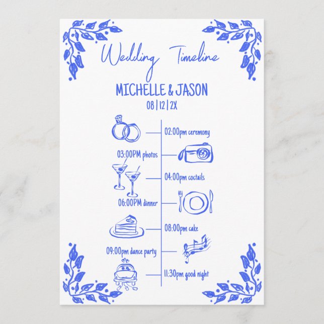 Hand Drawn Quirky Wedding Itinerary Schedule Programme (Front)
