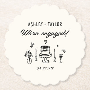 Hand Drawn Quirky We're Engaged Engagement Party Paper Coaster
