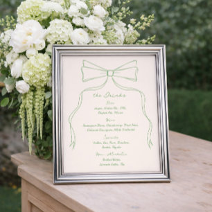 Hand Drawn Quriky Bow Green Wedding Bar Drink Menu Poster