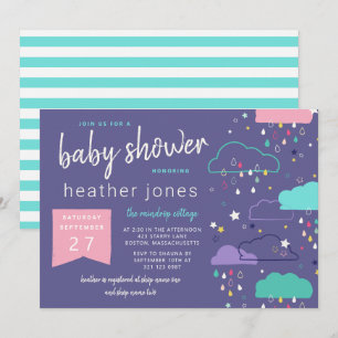 Hand-drawn Rain Clouds Stars Pink Baby Shower Invitation