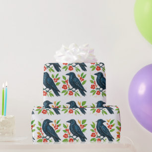 Hand Drawn Raven Red Berries Christmas Wrapping Paper
