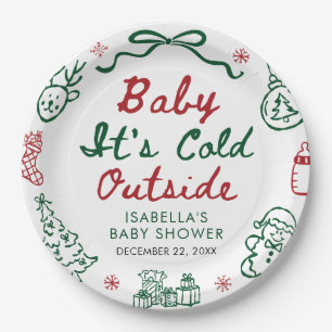 Hand Drawn Red Baby It's Cold Outside Baby Shower Paper Plate