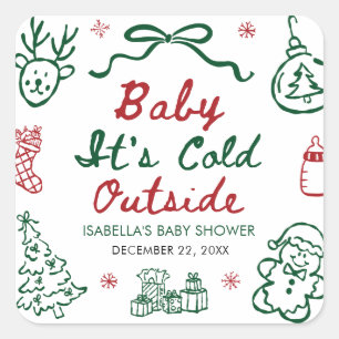Hand Drawn Red Baby It's Cold Outside Baby Shower Square Sticker